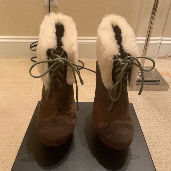 L.A.M.B Pier Suede Lace Shearling Fur Cuff Booties - Picture 3 of 6